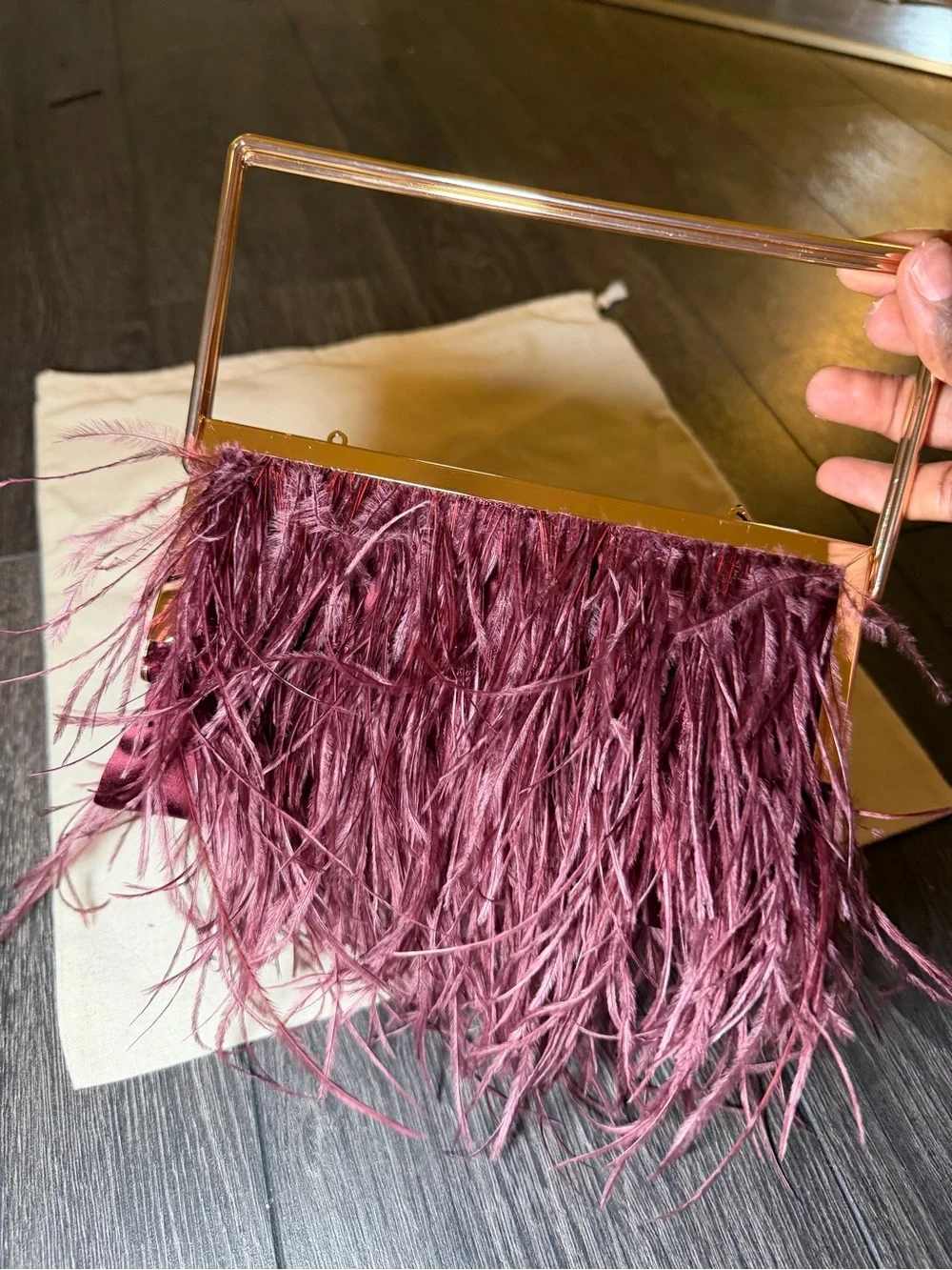 Zara Feather Fringe Evening Clutch in Plum with Gold Frame